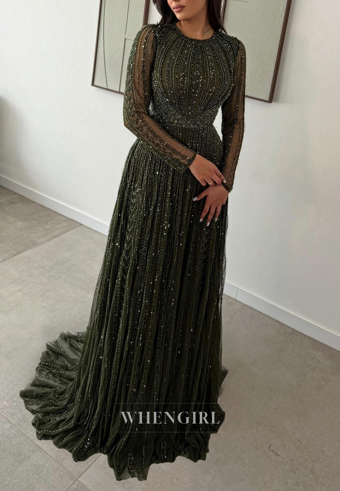 Heavily Beaded Illusion Long Sleeve Evening Gown