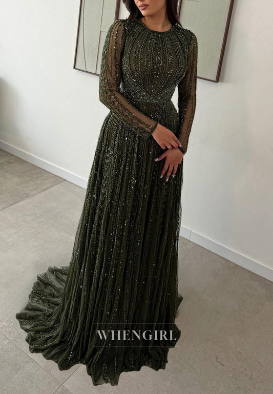Heavily Beaded Illusion Long Sleeve Evening Gown