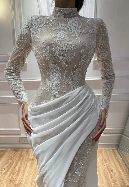 High Neck Lace Gown with Asymmetrical Draped Train