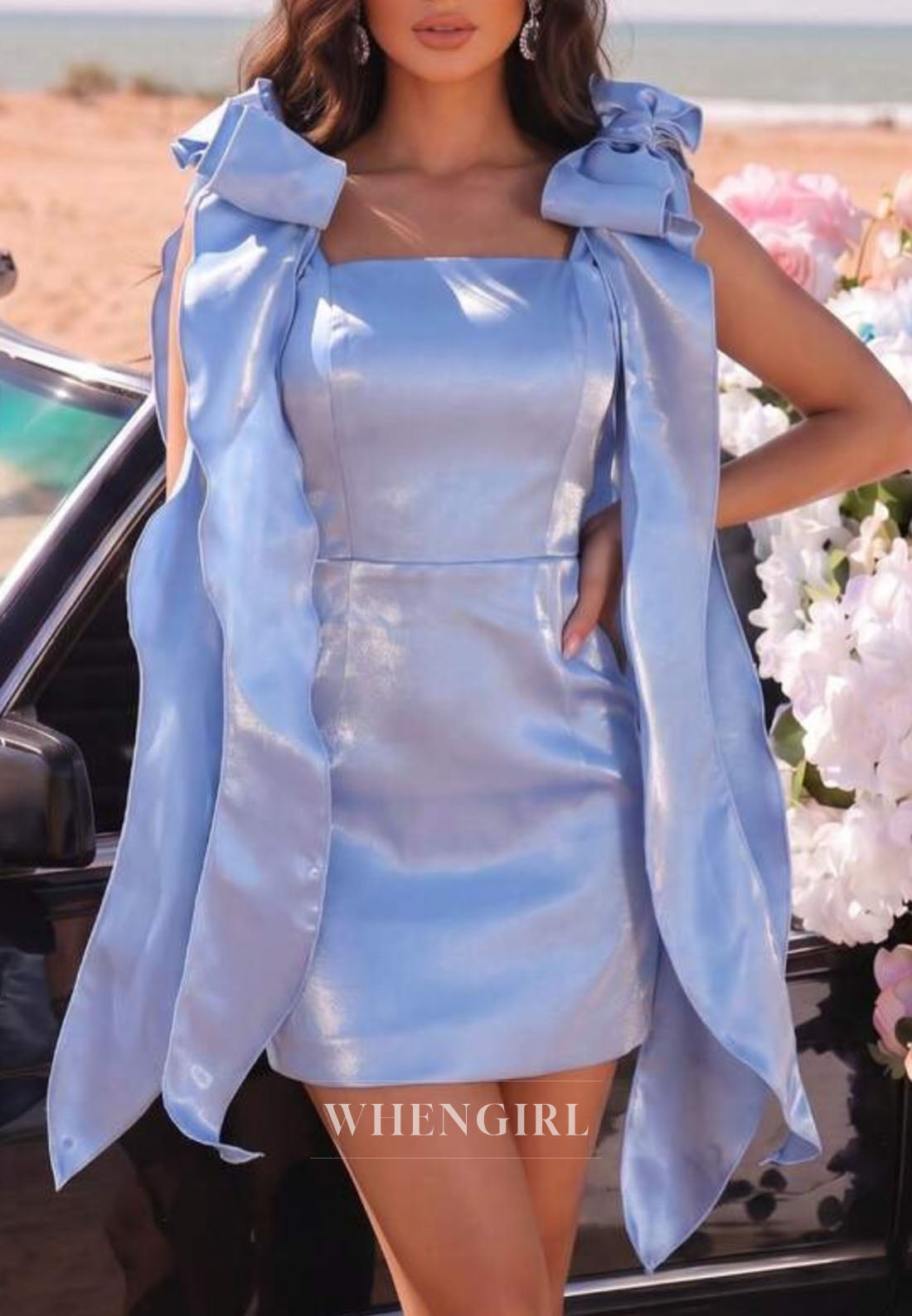 Satin Square Neck Mini Dress with Shoulder Bows