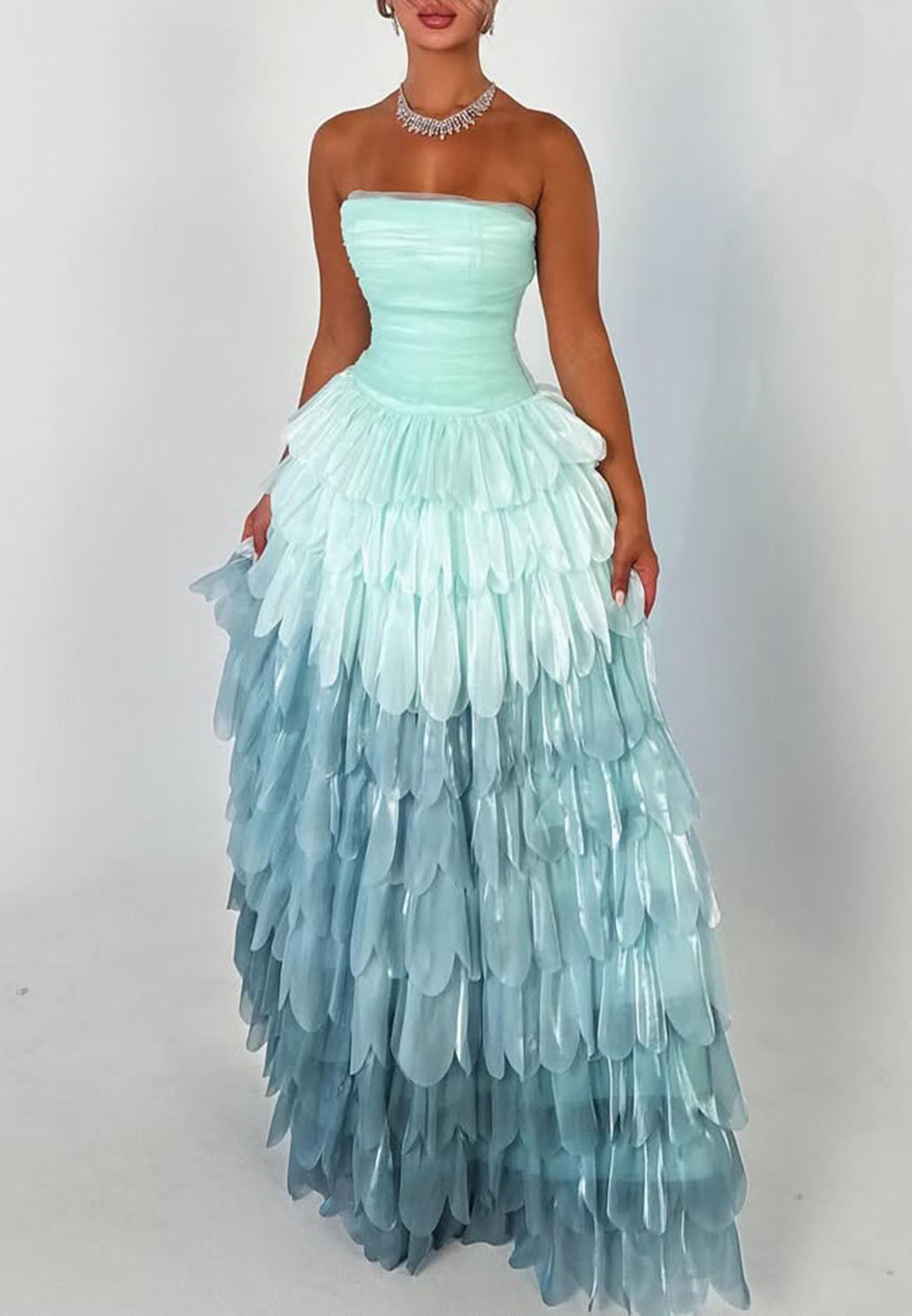 Strapless Ruched Bodice Tiered Petal Gown