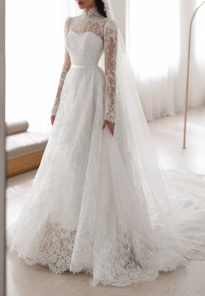 High-Neck Lace Long-Sleeve A-Line Wedding Dress