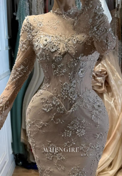 Beaded Lace Illusion High Neck Mermaid Evening Gown