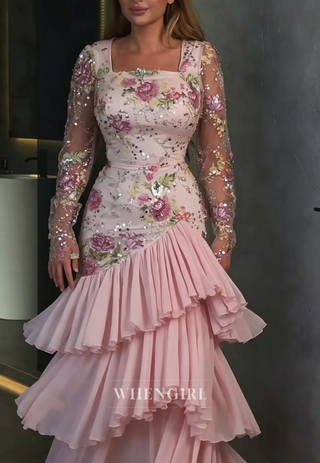 Embroidered Sequin Tiered Ruffle Gown