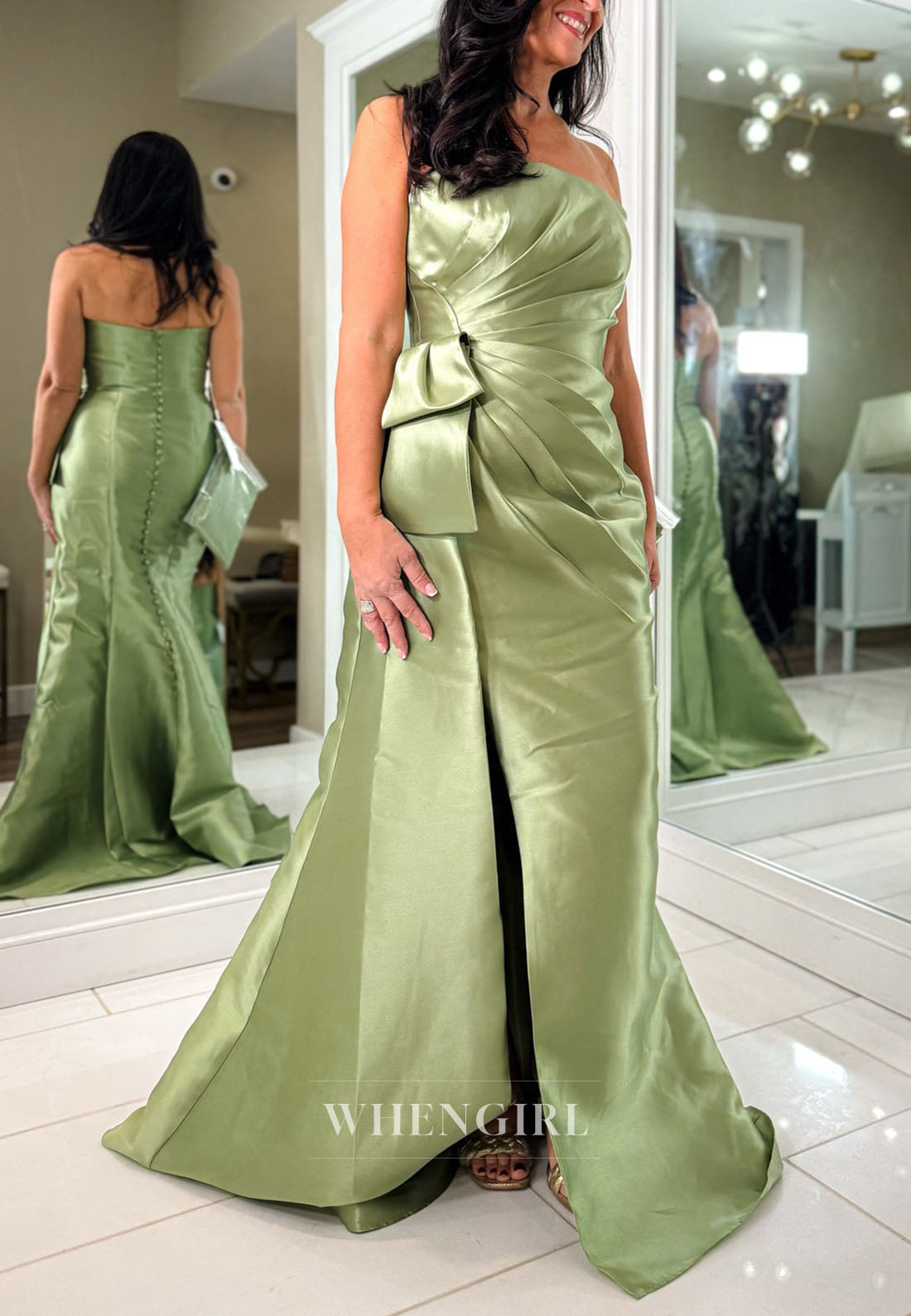 Strapless Pleated Satin Gown with Side Bow & Slit