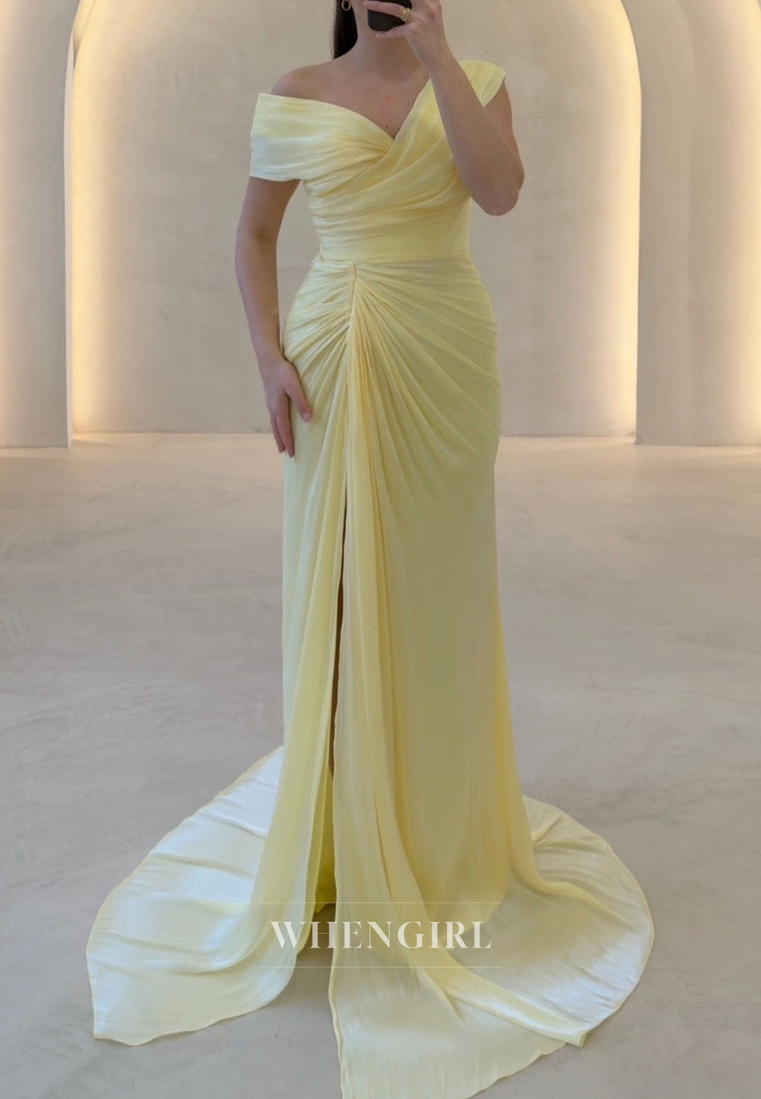 Off-the-Shoulder Ruched Evening Gown with High Slit