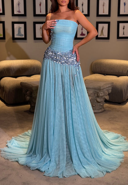 Strapless Ruched Tulle Gown with Disc Embellishment
