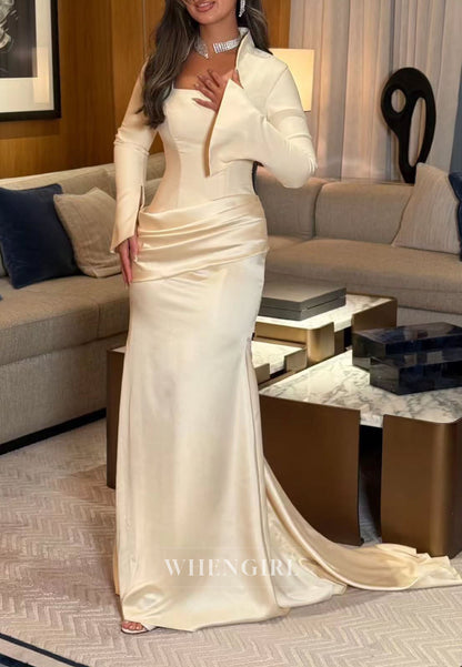 Square Neck Satin Gown with Bell Sleeves & Draped Hip