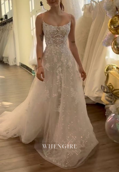 A-Line Lace and Tulle Wedding Dress with Spaghetti Straps