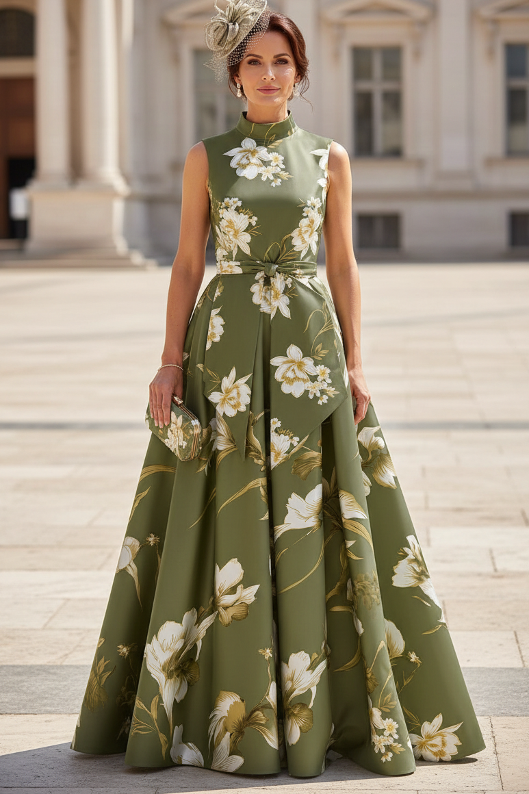 Floral High-Neck A-Line Maxi Dress with Pockets