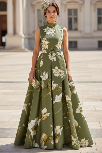 Floral High-Neck A-Line Maxi Dress with Pockets