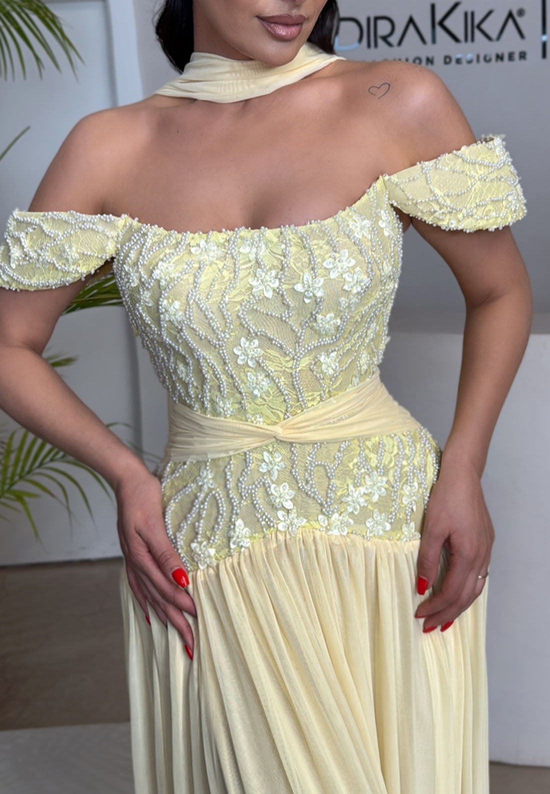 Off-Shoulder Beaded Floral Evening Gown