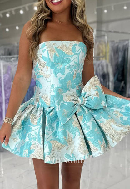 Strapless Jacquard Mini Dress with Statement Bow