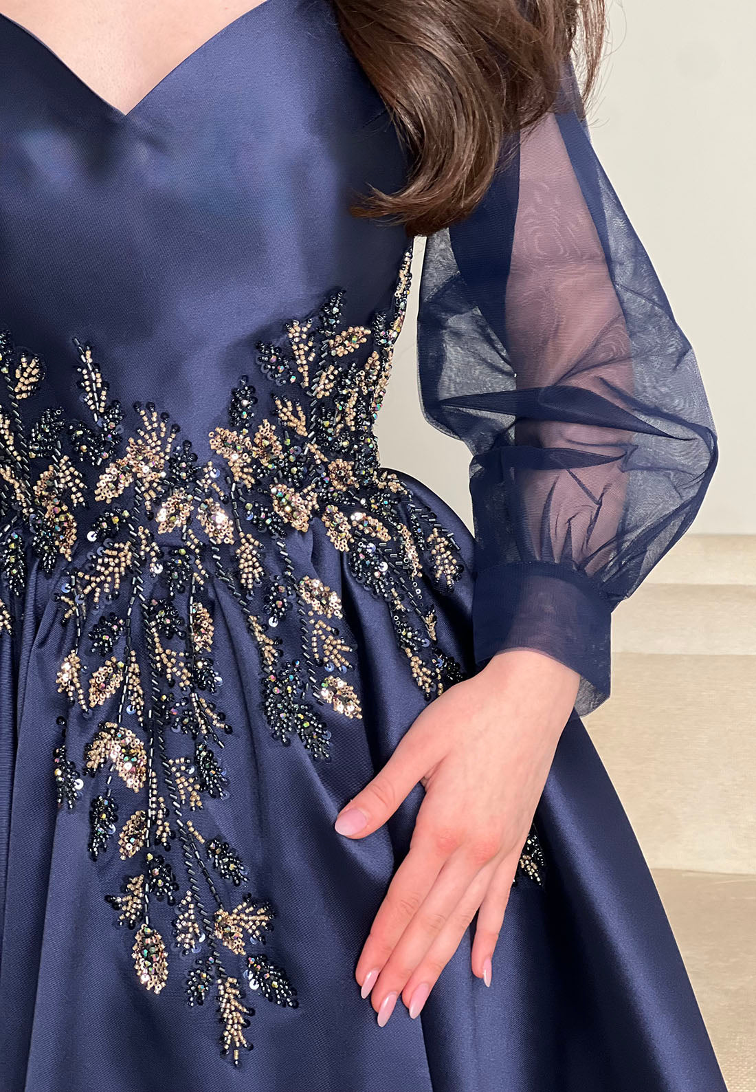 Beaded Waist A-Line Tea-Length Dress with Sheer Sleeves