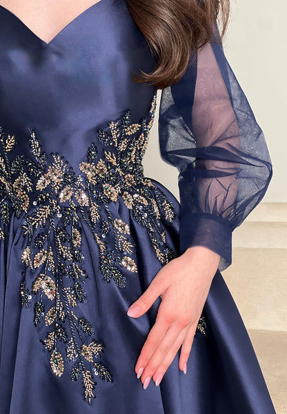 Beaded Waist A-Line Tea-Length Dress with Sheer Sleeves