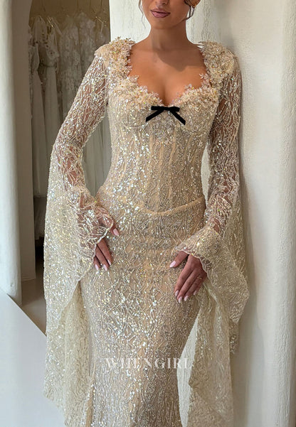 Sequined Mermaid Gown with Bell Sleeves