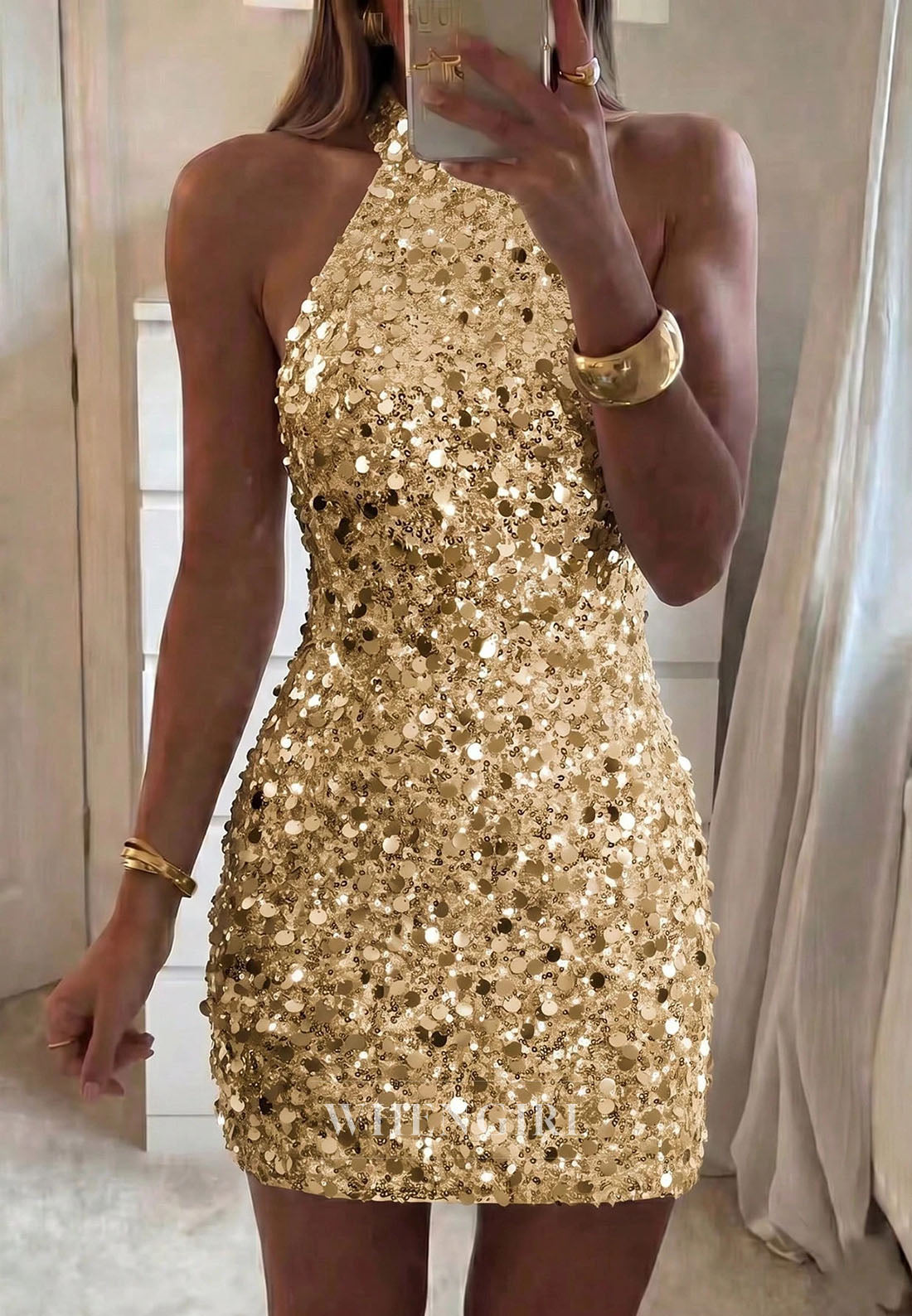 Gold Sequin Halter Mini Dress with Open Back