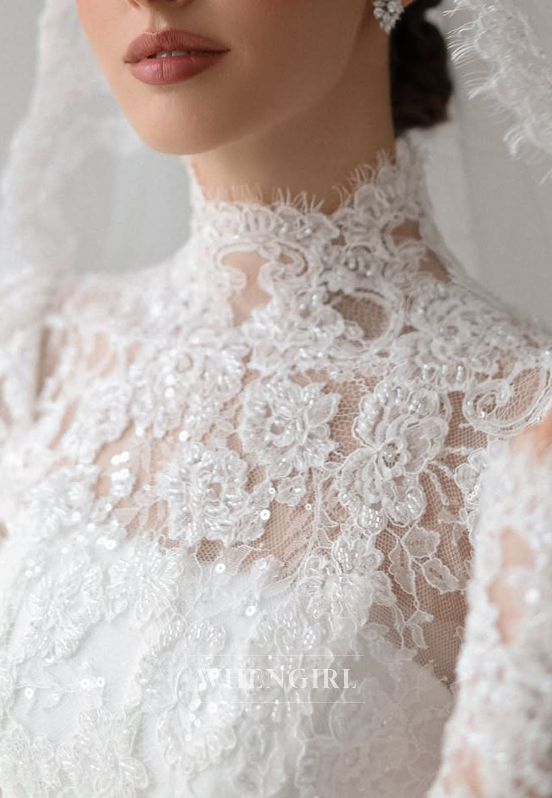 High Neck Lace Long Sleeve Wedding Dress