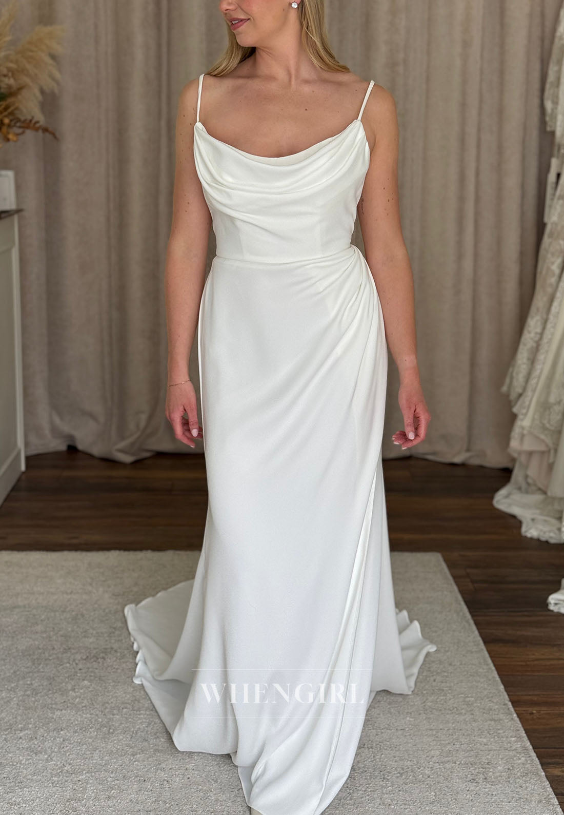 Cowl Neck Ruched Wedding Dress with Train