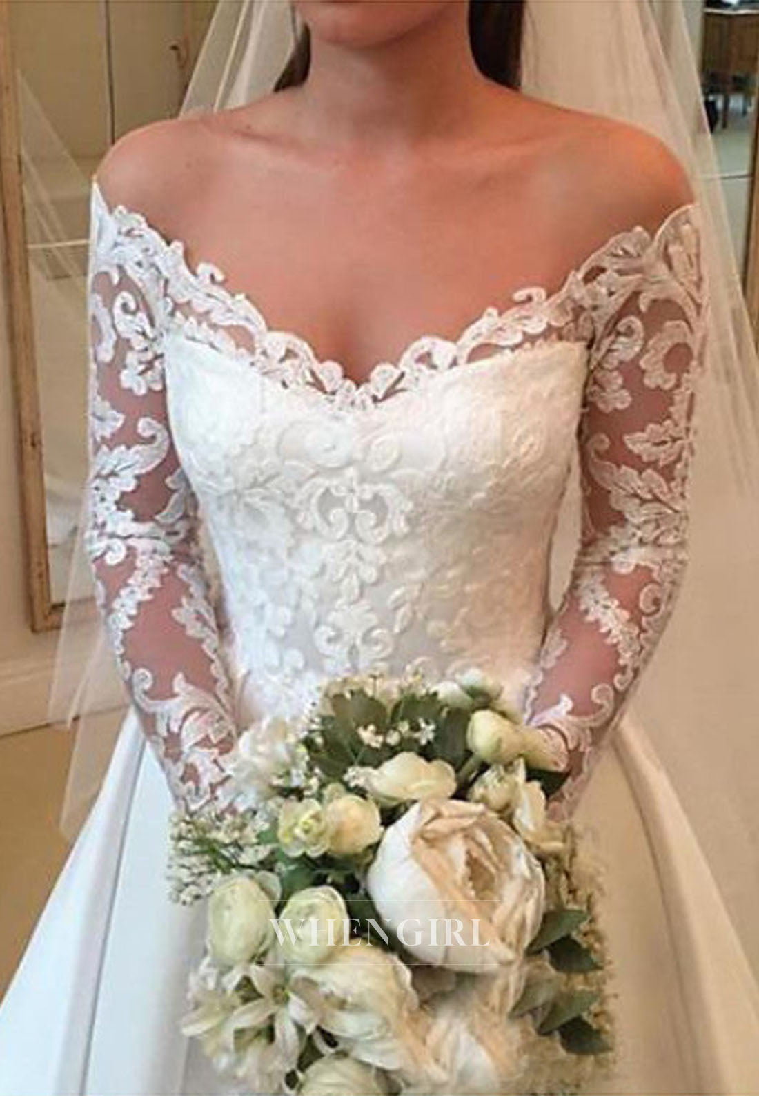 Off-the-Shoulder Lace Applique A-Line Wedding Dress