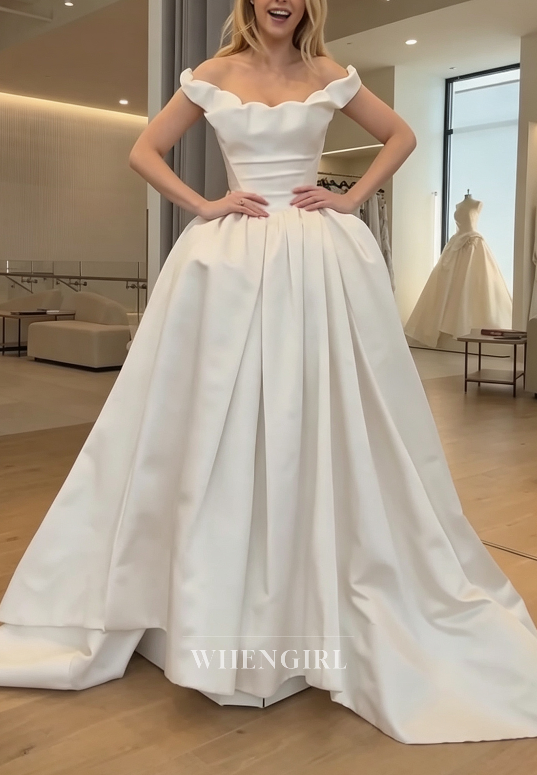 Off-the-Shoulder Pleated Ball Gown Wedding Dress