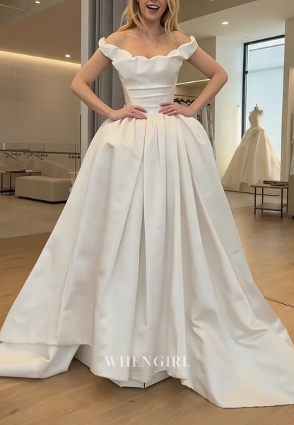 Off-the-Shoulder Pleated Ball Gown Wedding Dress
