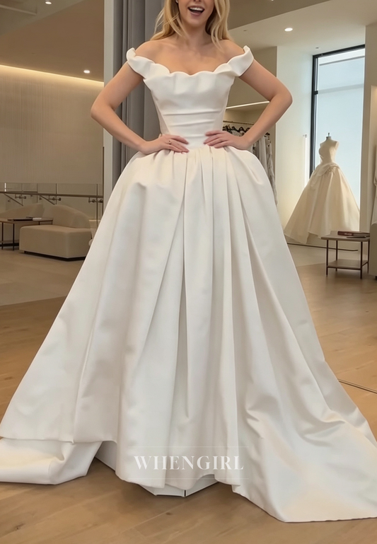 Off-the-Shoulder Pleated Ball Gown Wedding Dress
