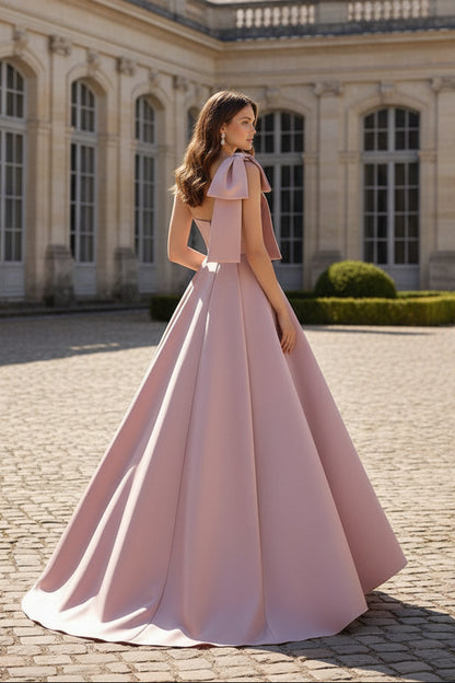 One Shoulder Bow Satin Gown with Detachable Overskirt
