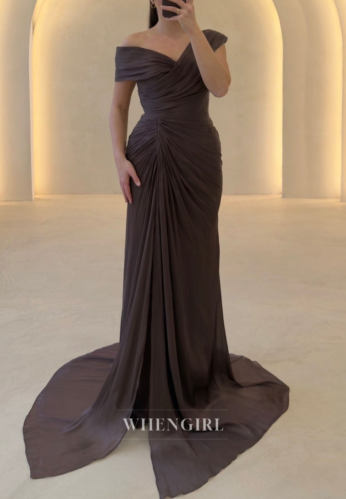 Off-the-Shoulder Ruched Evening Gown with High Slit