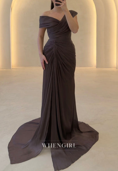Off-the-Shoulder Ruched Evening Gown with High Slit
