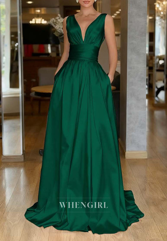 A-Line Plunging V-Neck Gown with Side Pockets