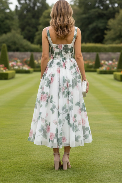 Romantic Floral Organza A-Line Midi Dress