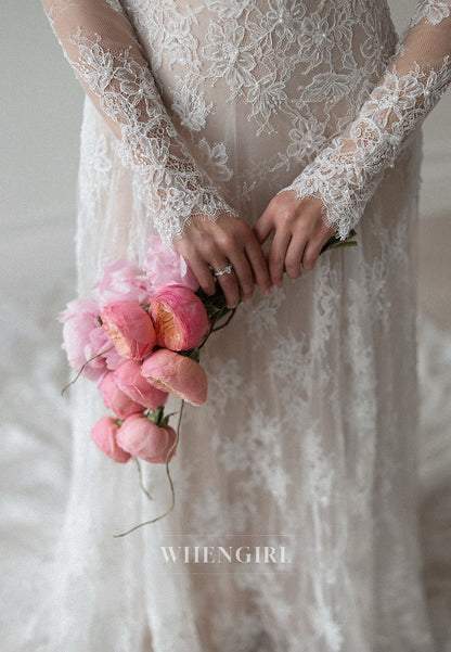 Vintage High Neck Long Sleeve Lace A-Line Wedding Dress