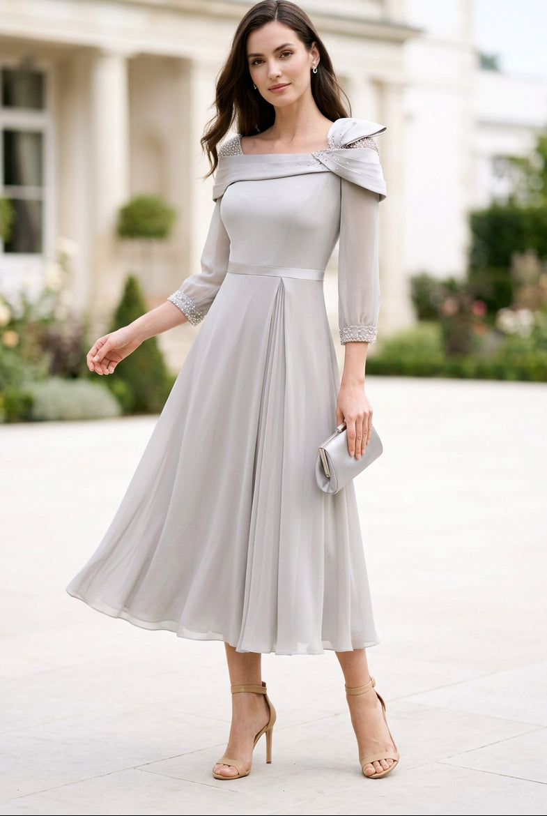 Midi A-Line Dress with Beaded Trim & Foldover Neck