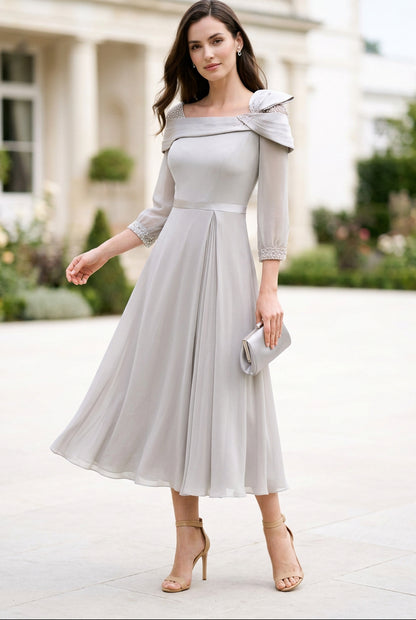 Midi A-Line Dress with Beaded Trim & Foldover Neck
