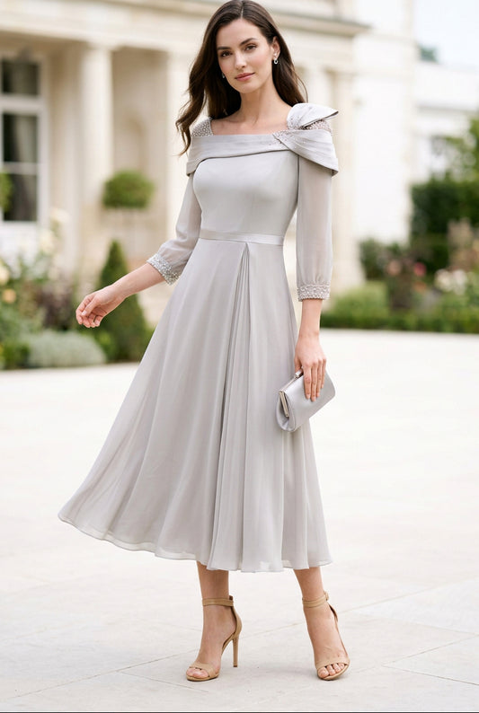 Midi A-Line Dress with Beaded Trim & Foldover Neck