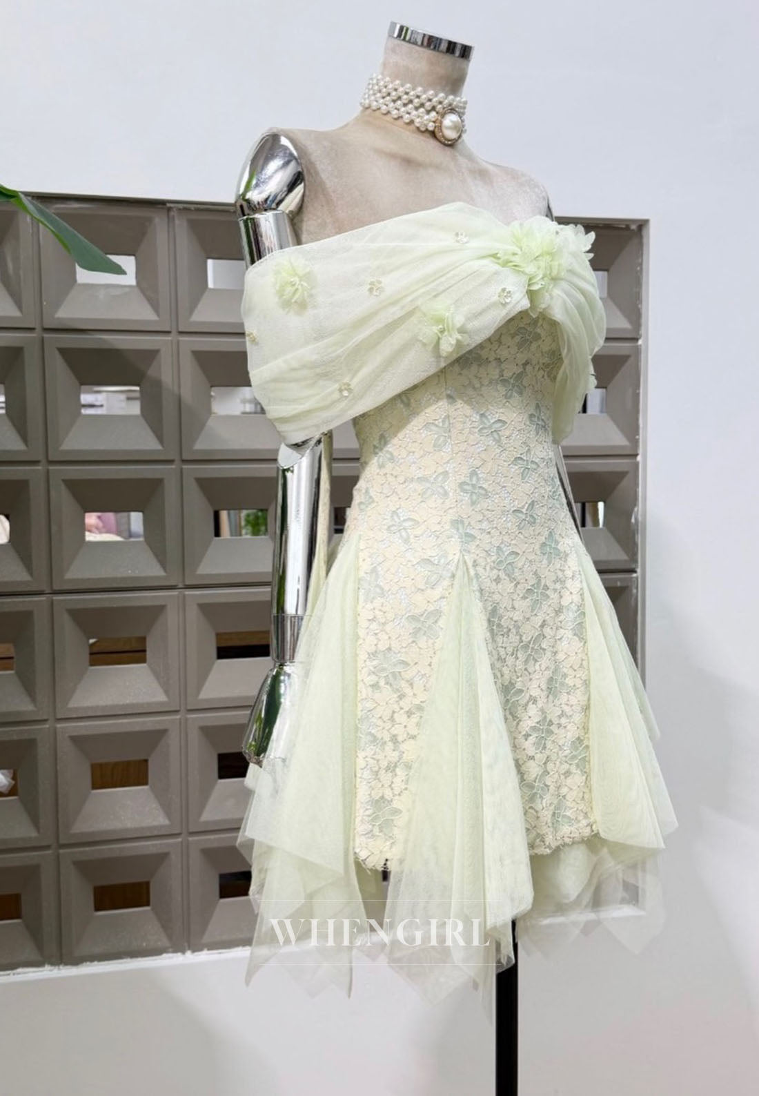 Off-the-Shoulder Lace Mini Dress with Tulle Handkerchief Hem