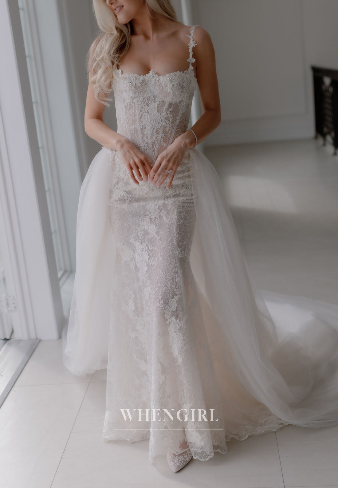 Lace Sheath Wedding Dress with Tulle Overskirt