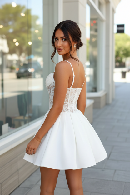 Strapless Lace Corset Pleated Satin Mini Dress
