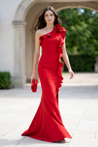 One-Shoulder Ruffle Rosette Gown with Slit