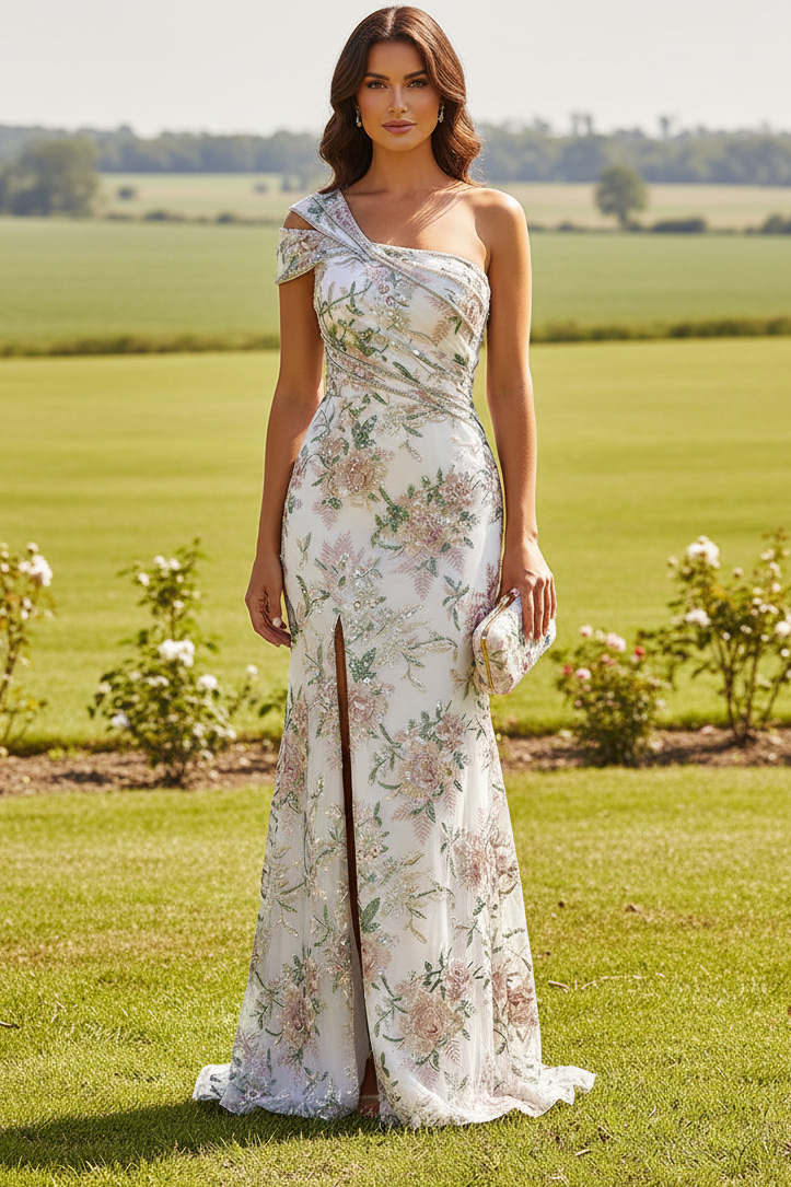 One-Shoulder Floral Embroidered Slit Gown