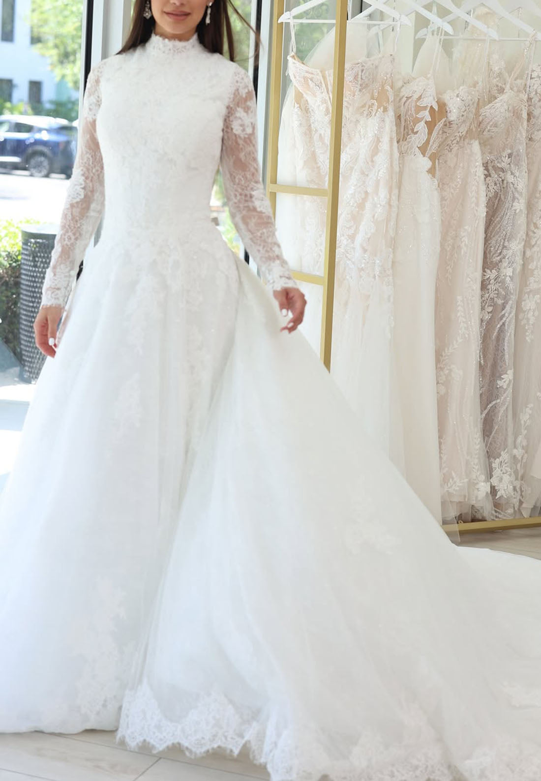 High Neck Lace Long Sleeve Ball Gown Wedding Dress