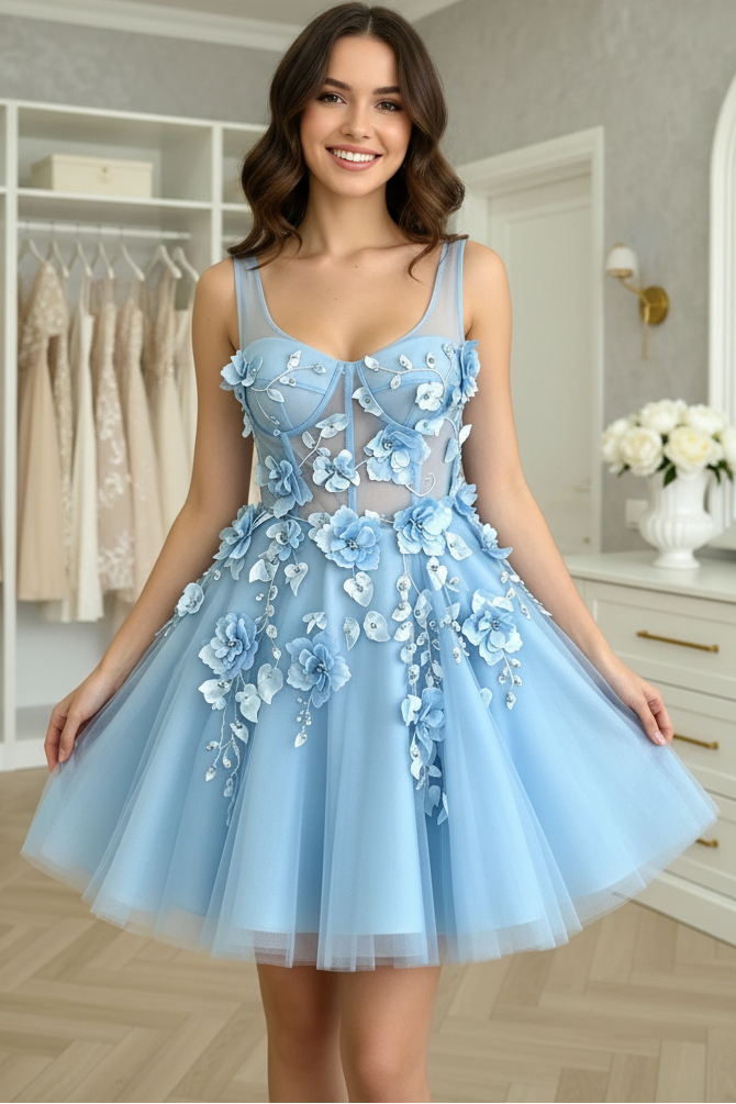 3D Floral Applique Fit and Flare Mini Party Dress