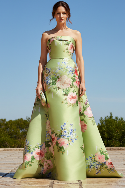 Strapless Floral Satin Column Gown with Back Bow