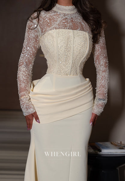 Corset Evening Gown with Beaded Lace Sleeves