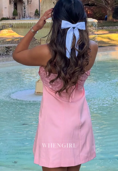 Floral Applique Bodice Mini Dress with Halter Ties