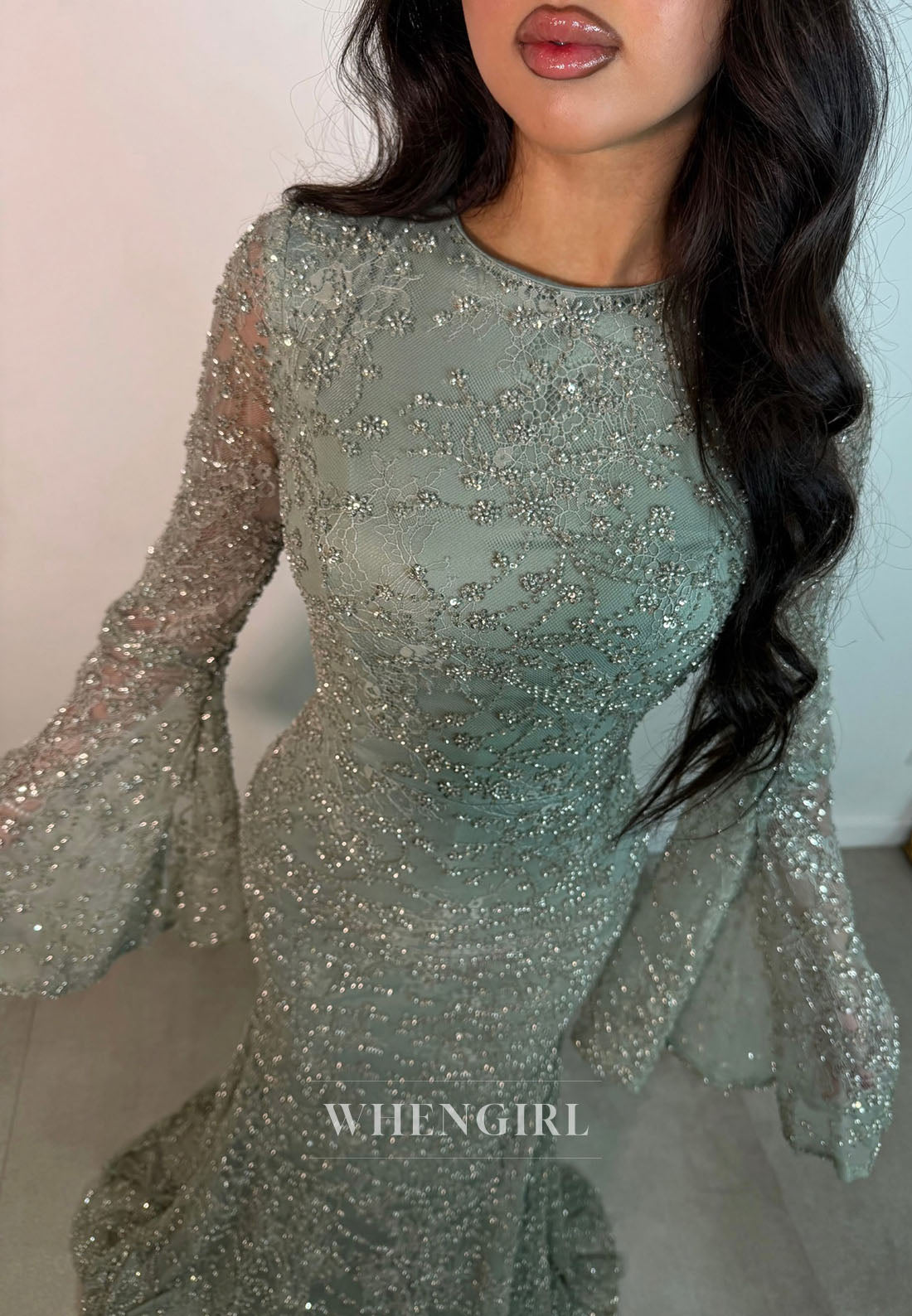 Beaded Bell Sleeve Gown with Detachable Overskirt