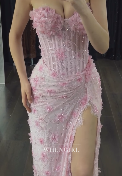 Floral Applique Corset Gown with Slit