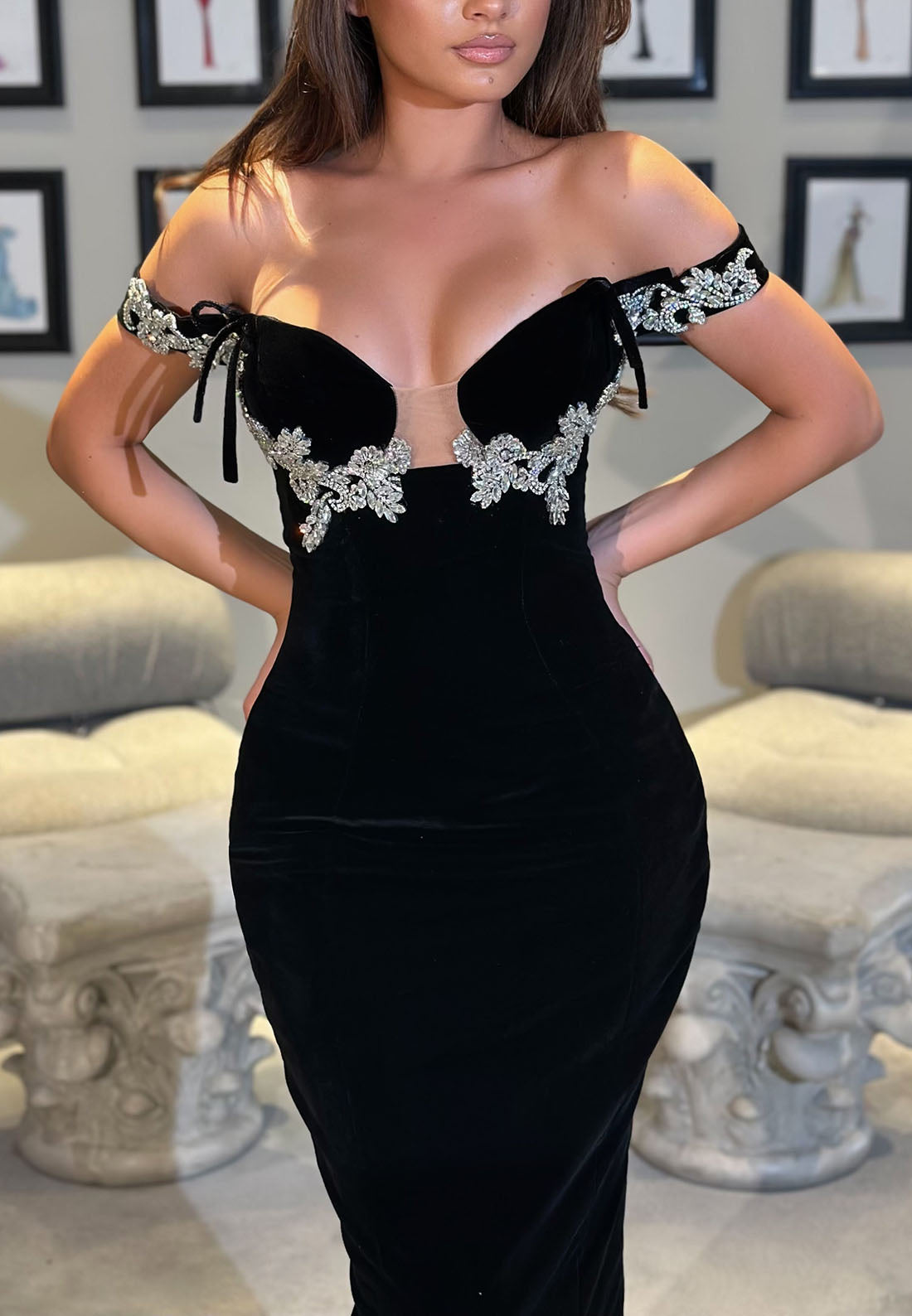 Off-the-Shoulder Velvet Gown with Embellished Bodice