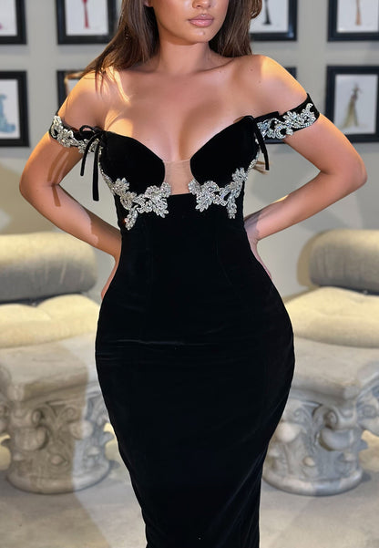 Off-the-Shoulder Velvet Gown with Embellished Bodice
